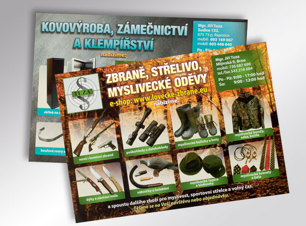 grafický návrh a tisk oboustranného letáku A5 Tuza, obchoch se zbraněmi a střelivem